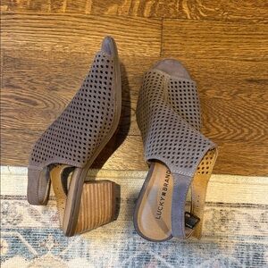 Lucky Brand Taupe Perforated Slingback Block Heel Sandals
